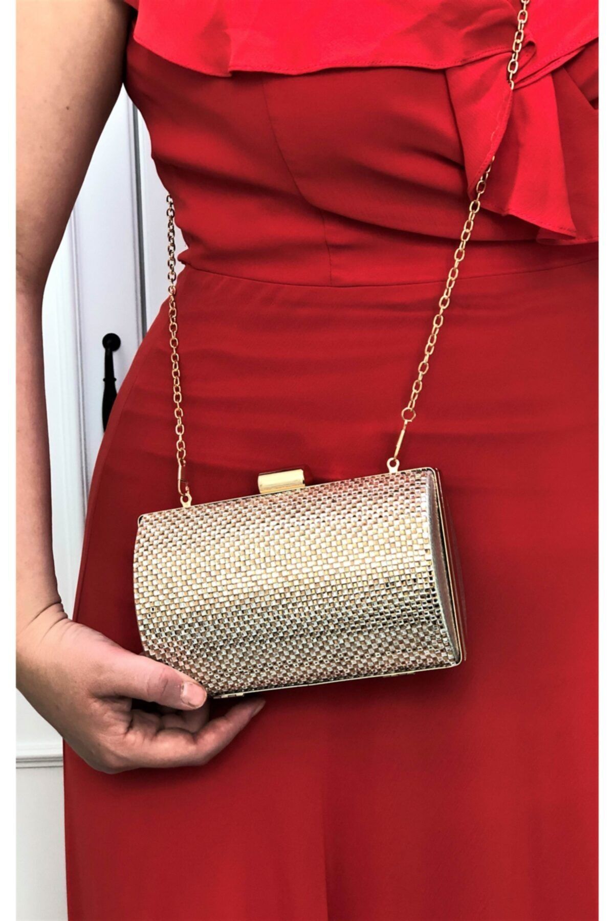 womenacs Kadın Altın Renk Cam Motifli Göz Alıcı Abiye Portföy Clutch Çanta