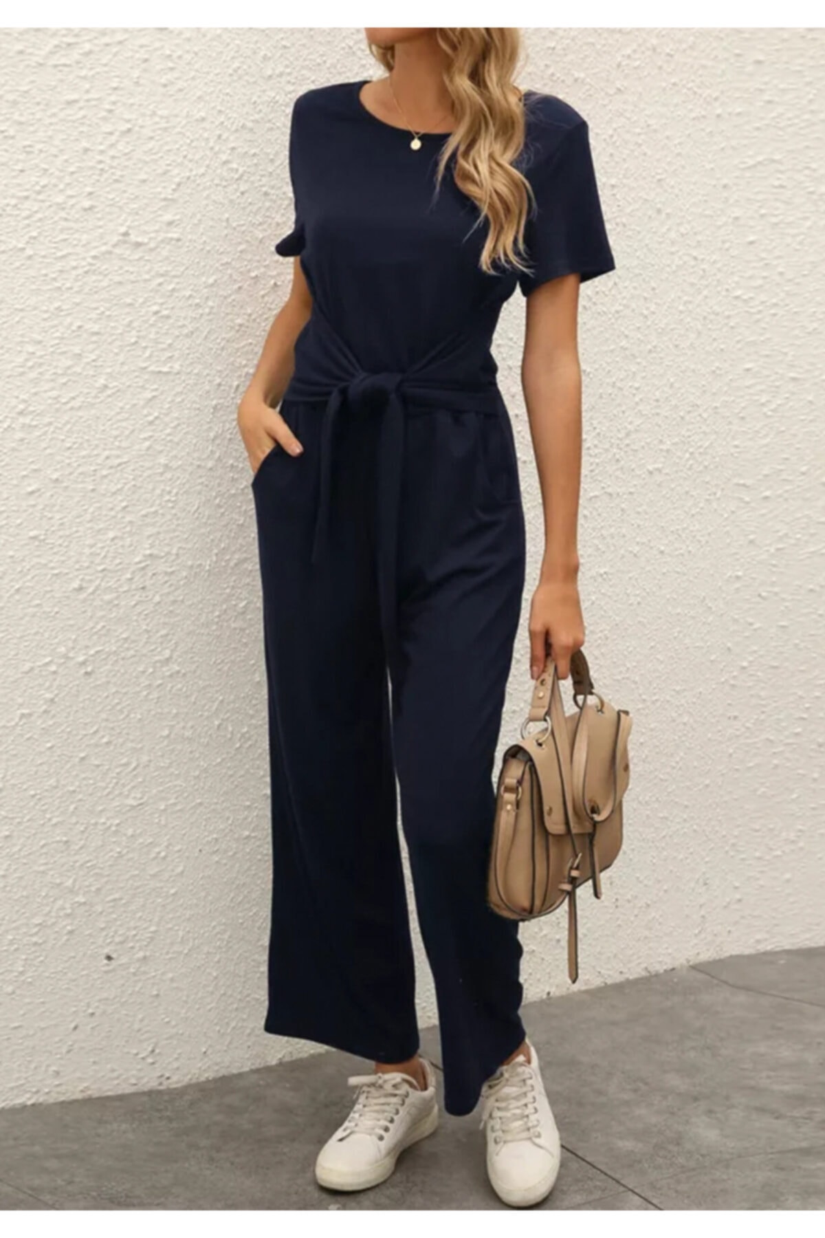 ELBİSENN Yeni Model Kadın Bağcık Detaylı Pamuklu Viscon Tulum (lacivert)