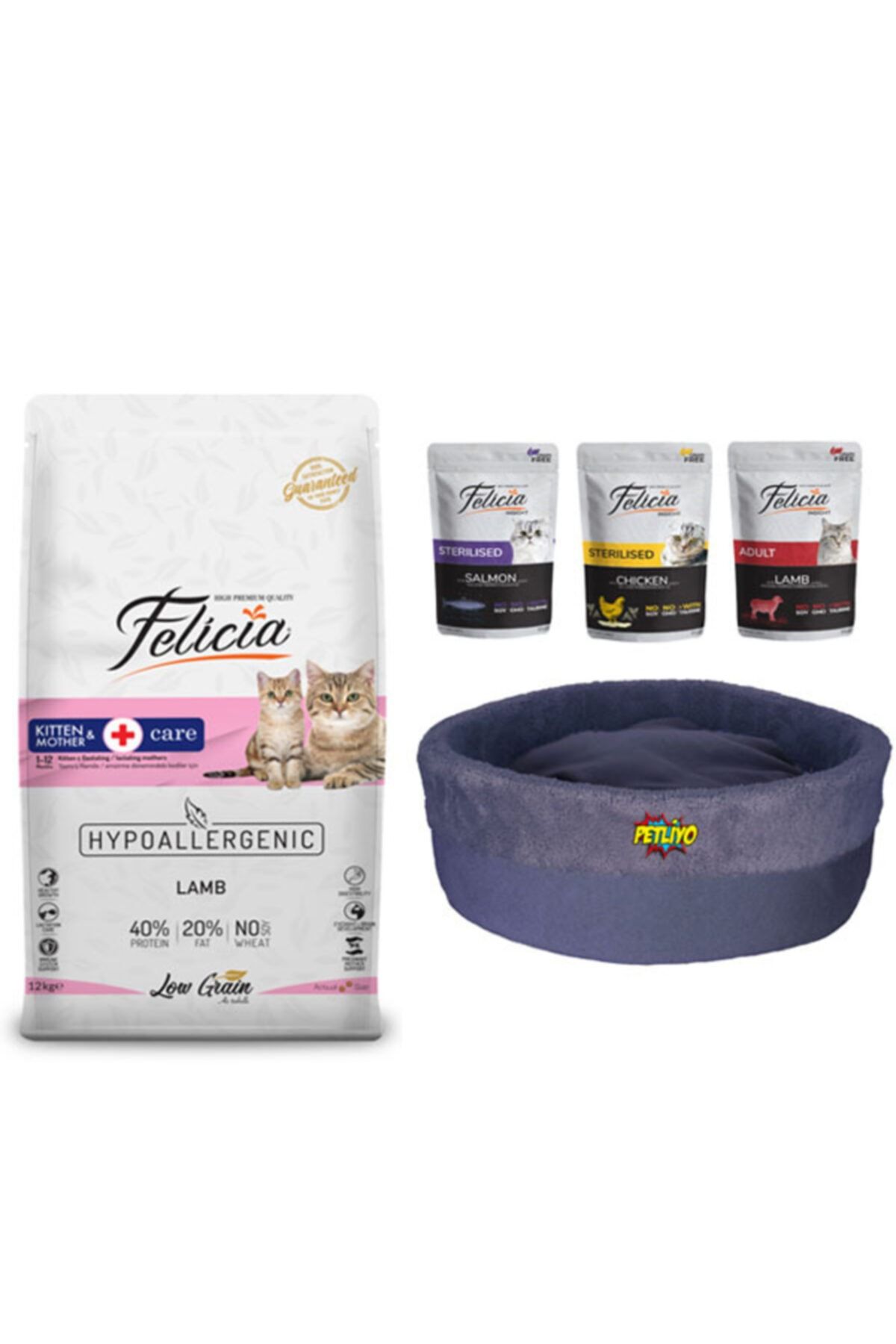 Petliyo Felicia Kuzu Etli Yavru Kedi Maması 12 Kg + Kedi Yatağı + 3 Adet Felicia Yaş Mama