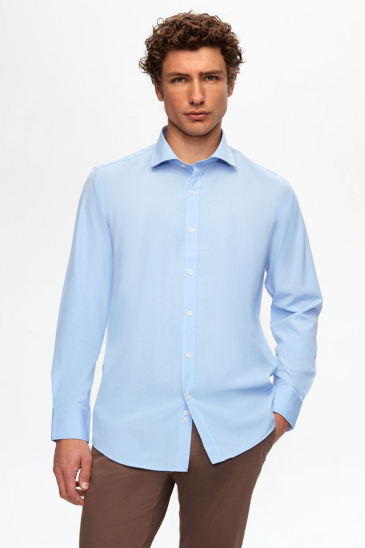 Slim Fit Mavi Italyan Yaka Gömlek