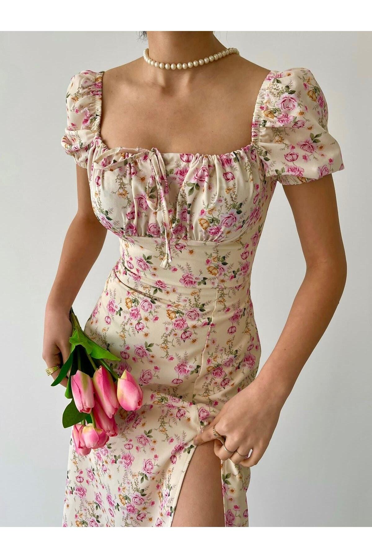 لباس مجلسی گلدار با چاک بلند بژ زنانه