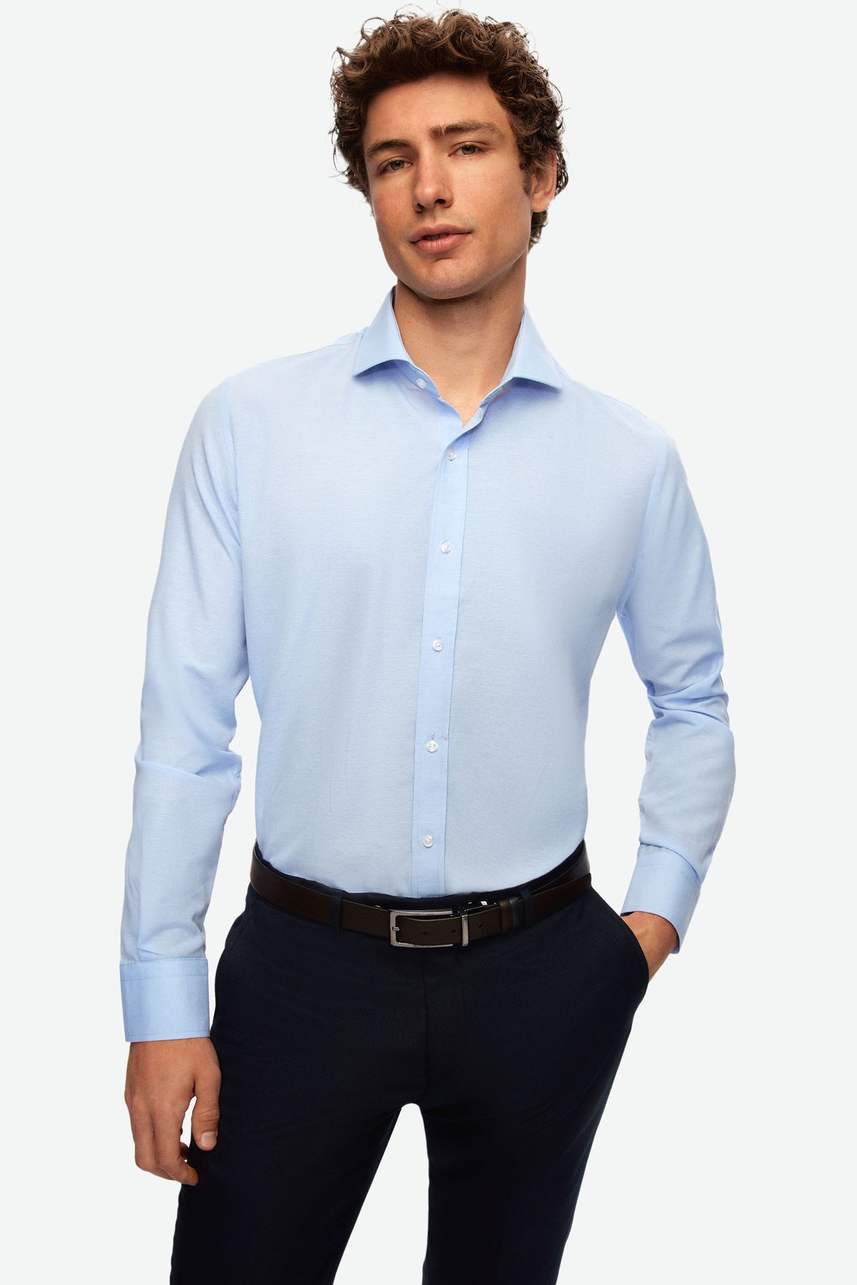 Slim Fit Açık Mavi Italyan Yaka Gömlek