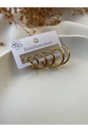 Kadın Altılı Çelik Küpe 3 Farklı Boy 6lı Küpe Gold Renk Image 0