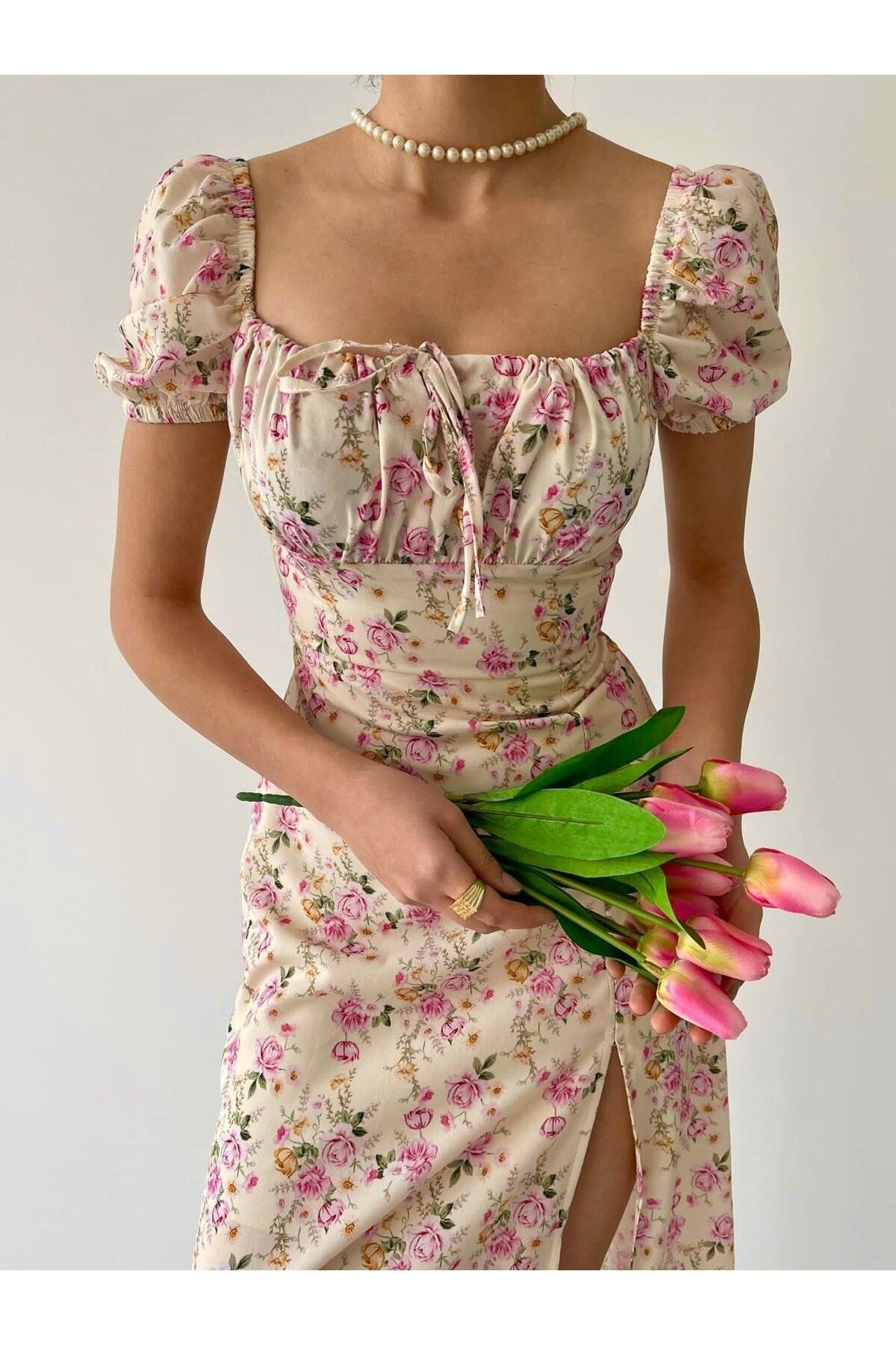 لباس مجلسی گلدار با چاک بلند بژ زنانه