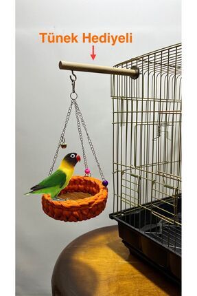 Örgü Kuş Hamağı Kuş Salıncağı (Turuncu) Tünek Hediyeli Muhabbet kuşu ve Cennet Papağanı Salıncağı Image 0