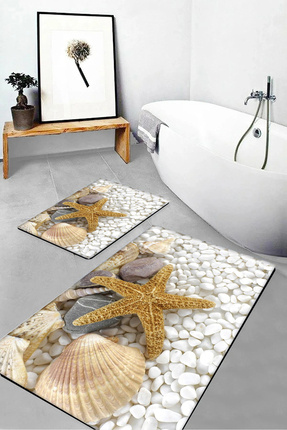 Deniz Kabuğu Deniz Yıldızı Dijital Baskılı Banyo Paspas Takımı Image 0