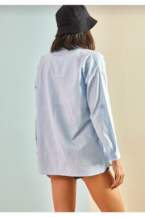 Açık Mavi Oversize Çift Cepli Keten Gömlek Image 2