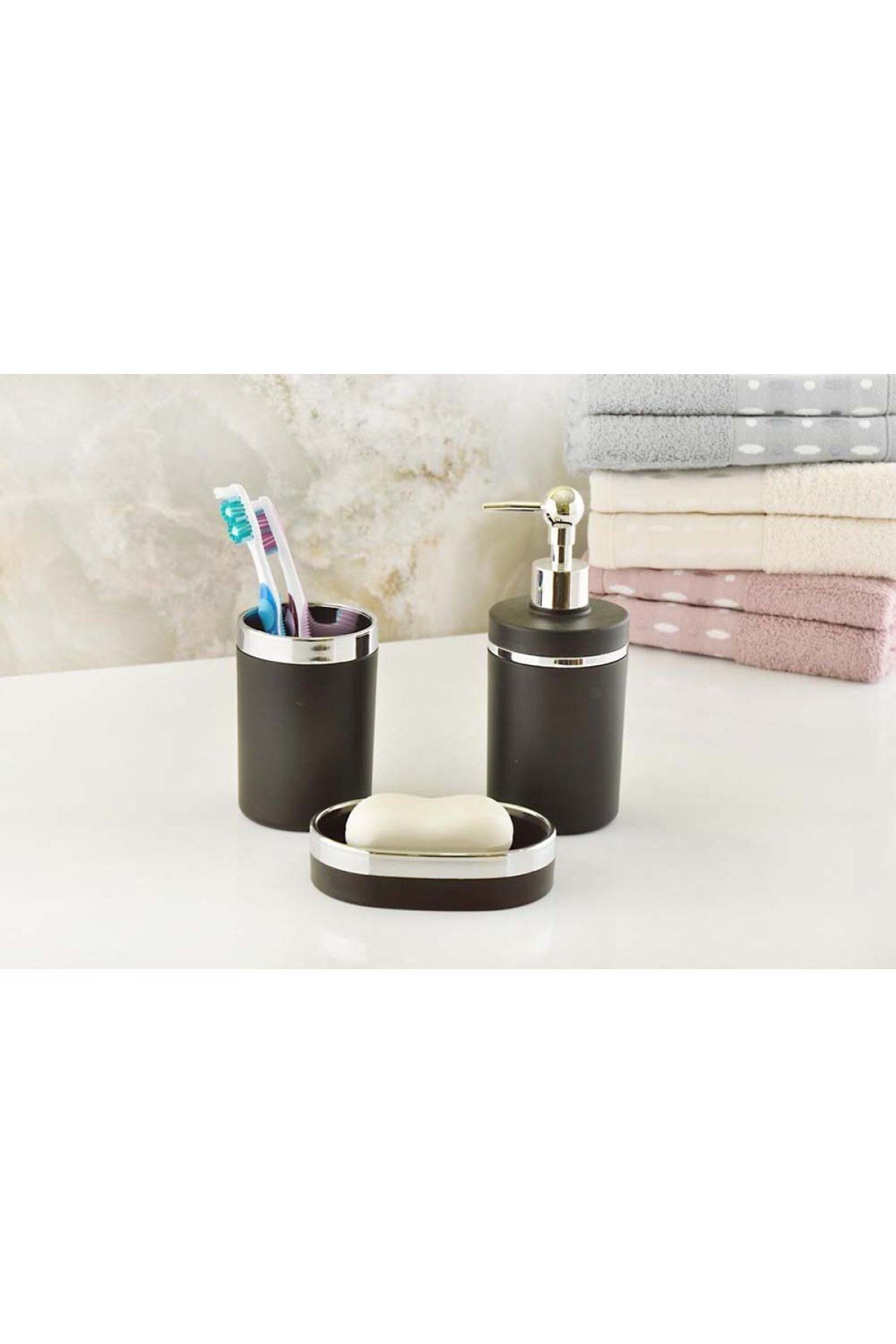 İmera Soft Akrilik Yapım Sıvı Katı Sabunluk Fırçalık 3'lü Banyo Seti Siyah Gümüş