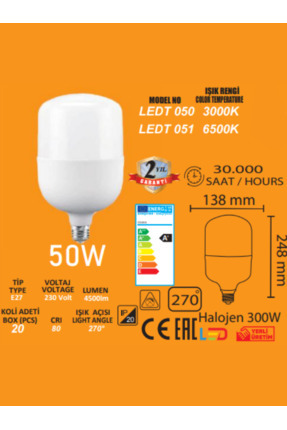 50w Tork Led Ampul Beyaz Işık 4500lm E27 Image 0