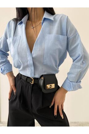 Açık Mavi Oversize Çift Cepli Keten Gömlek Image 0