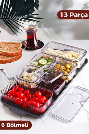 13 Parça 6 Bölmeli Kapaklı Tepsili Kahvaltılık Seti / Saklama Kabı Akrilik Image 0