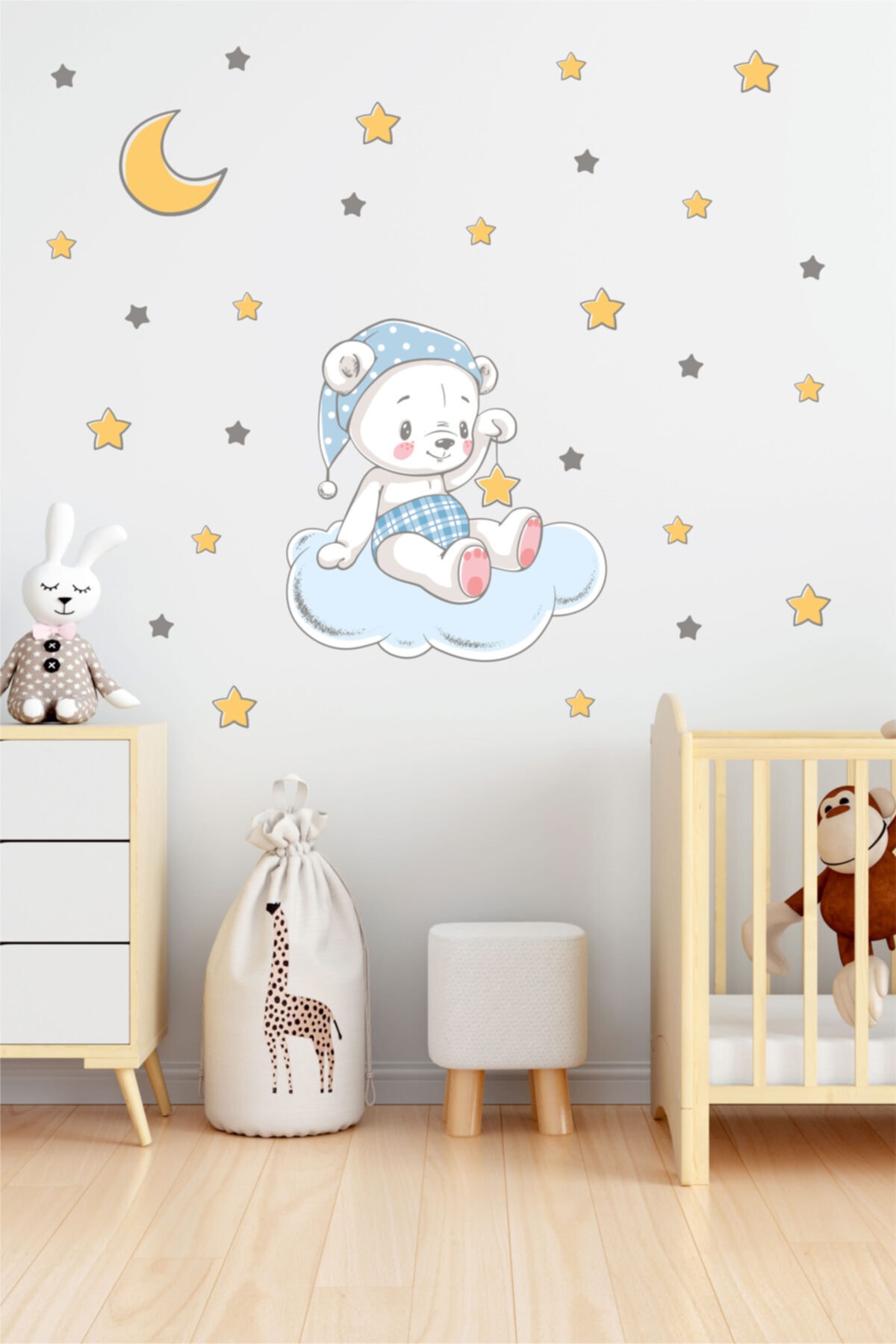 BK Decor Bulut Üzerinde Oturan Sevimli Mavi Pijamalı Ayıcık Ve Yıldızlar Çocuk Odası Duvar Sticker