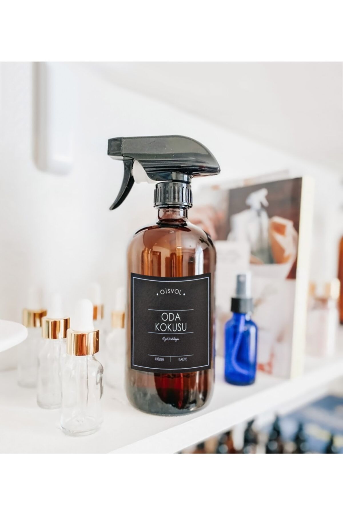 GİSVOL 500ml Amber Kahverengi Cam Sprey Şişe Oda Kokusu Siyah Etiketli