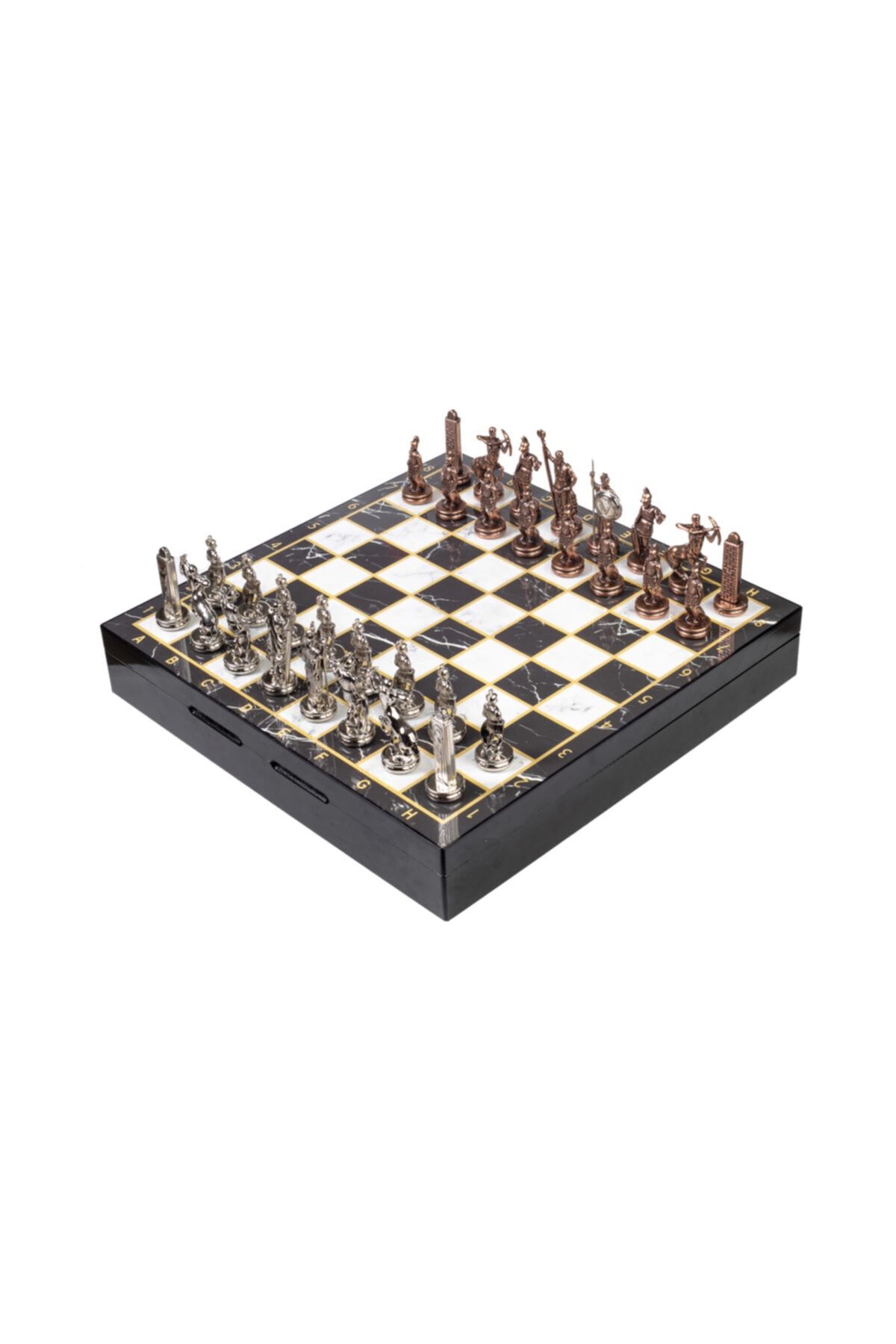 elife shop Lüks Metal Satranç Takımı Roma Ordusu Bronz Krom Kaplama & Mermer Desenli Saklama Sandığı 37 X 37