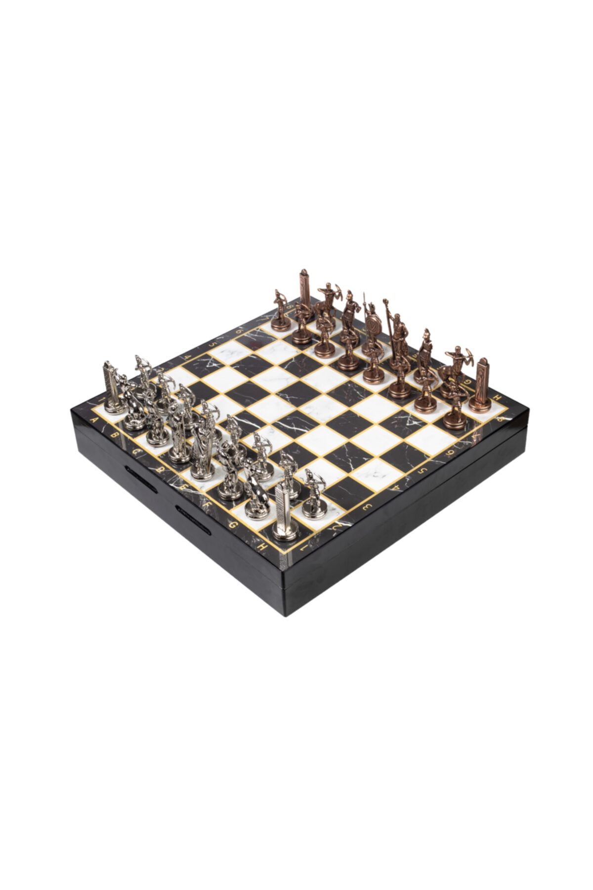 elife shop Lüks Metal Satranç Takımı Roma Okçuları Bronz Krom Kaplama & Mermer Desenli Saklama Sandığı 37 X 37