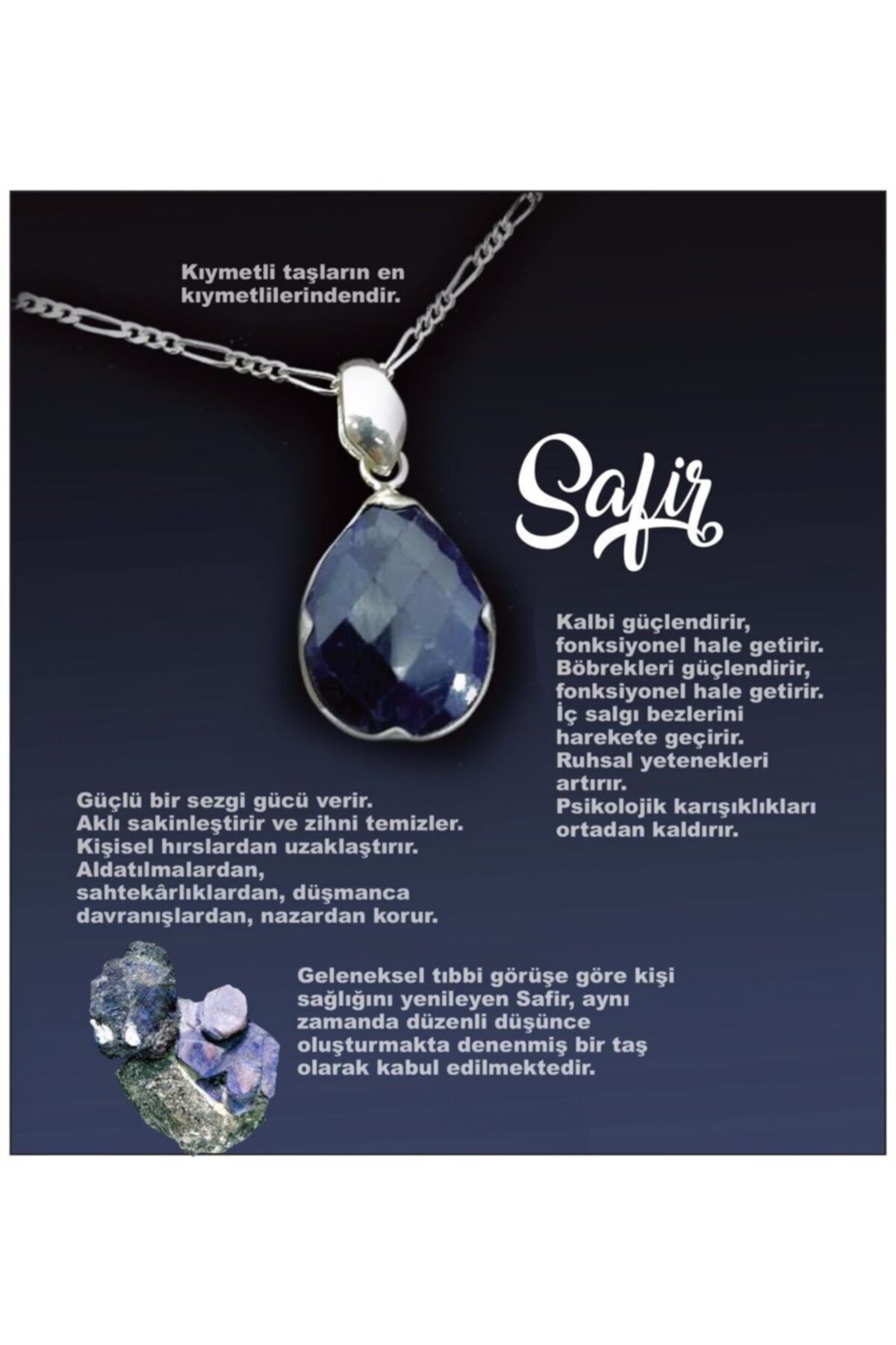 OSMANLI DOĞAL TAŞ Doğal Taş Kolye - Safir Taşı Gümüş Çerçeve Gümüş Zincir