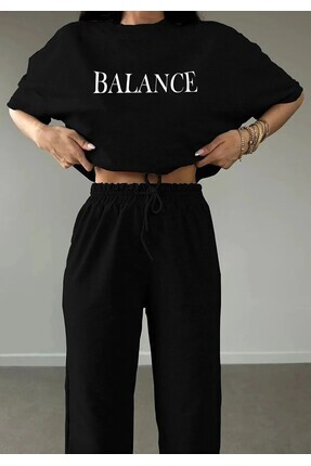Kadın Siyah Oversize Balance Baskılı Alt Üst Takım Image 0