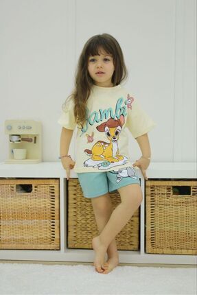 Yazlık Kız Çocuk Krem Bambi Şortlu Takım Image 0