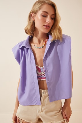 Happiness İst. Kadın Lila Vatkalı Oversize Poplin Crop G&ouml;mlek US00620