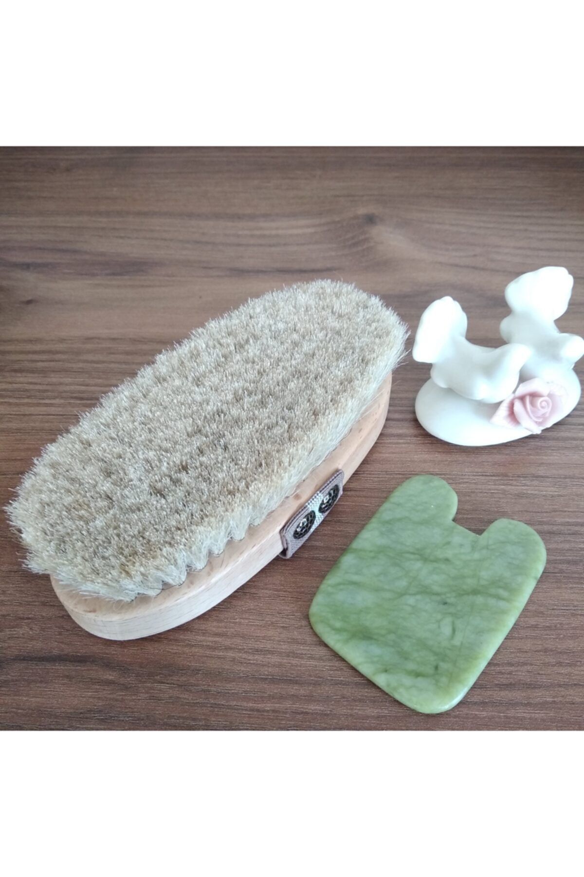 3 At Kılı Selülit Fırçası %100 Doğal Ve Yeşim Taşı Doğal Gua Sha Masaj Taşı 2'li Set