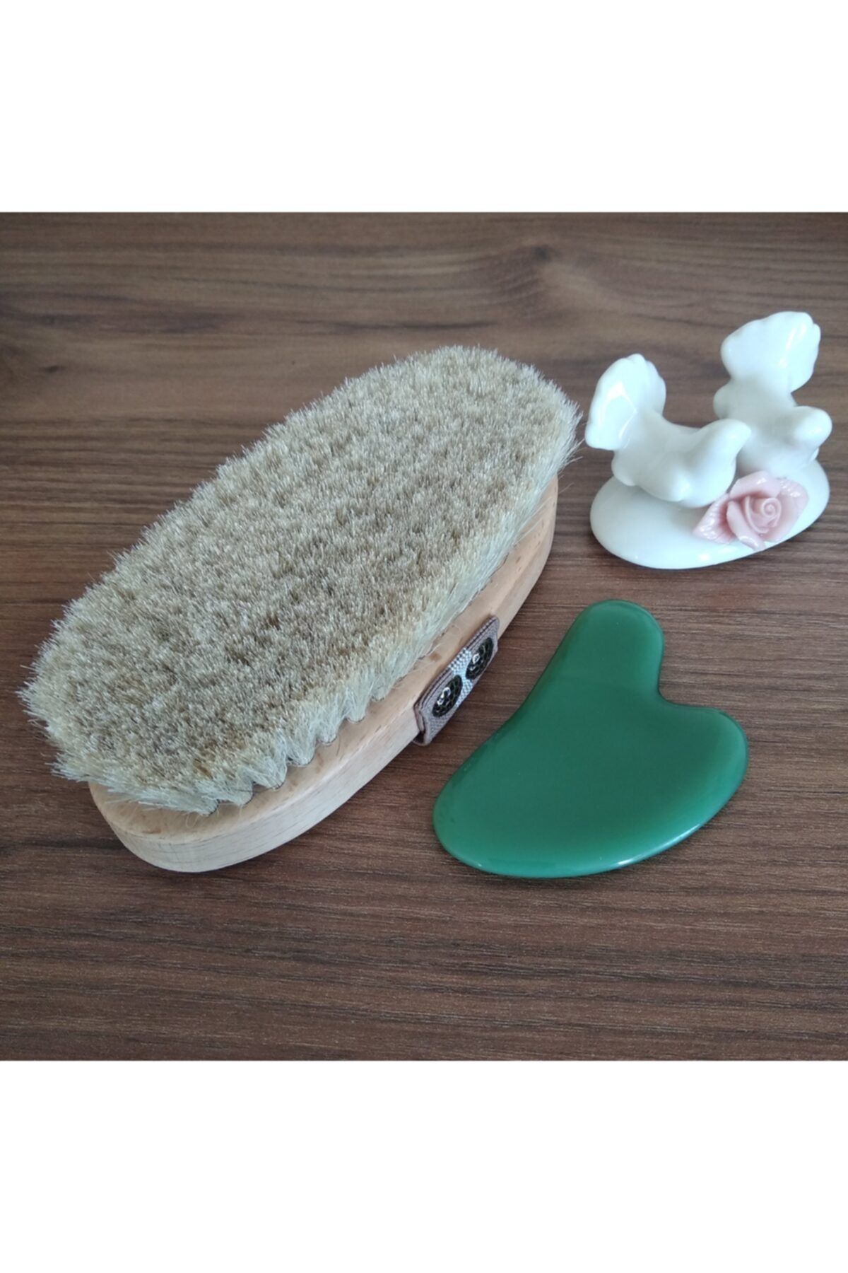 3 At Kılı Selülit Fırçası %100 Doğal Ve Aventurin Gua Sha Masaj Taşı 2'li Set