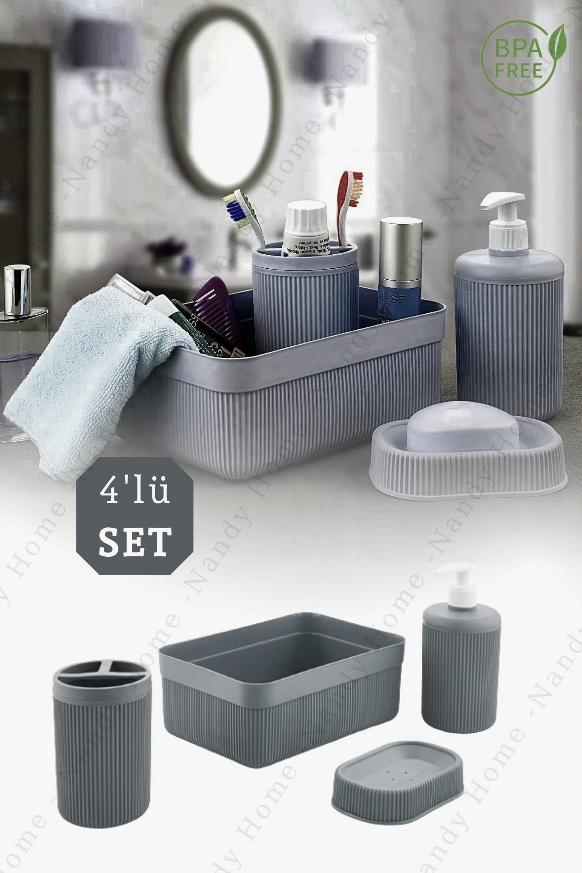 Nandy Home Dekoratif 4'lü Banyo Seti Sıvı Sabunluk, Diş Fırçalık, Katı Sabunluk & Sepet Antrasit
