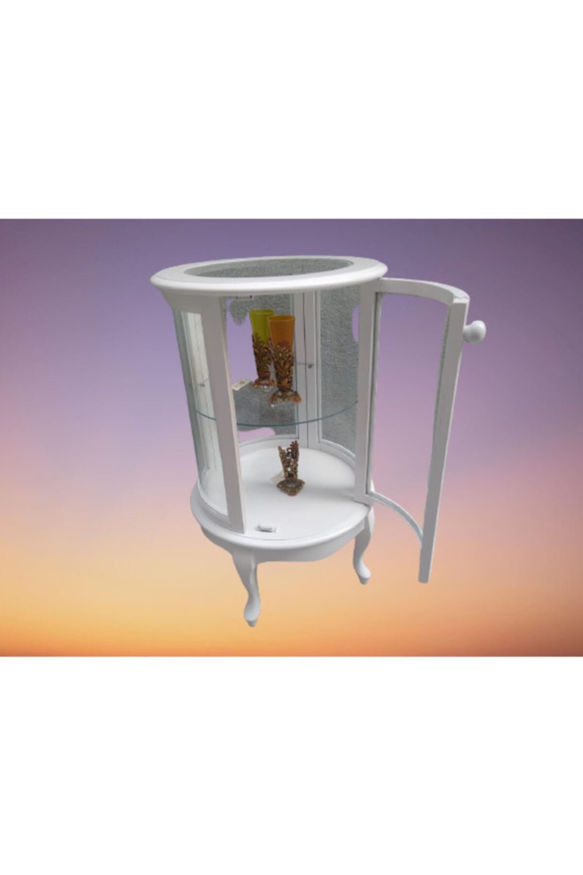 BENGİ TİCARET Bengi Vitrin Ahşap Gürgen Lükens Ayak Beyaz Lake Renk Yuvarlak Bombe Cam 78 Cm