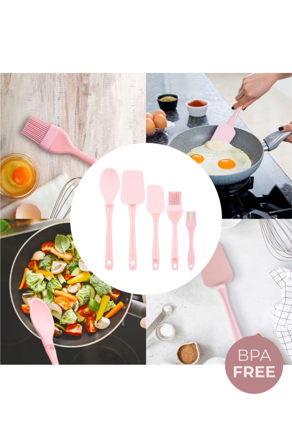 PDHome 5'li Silikon Servis Seti (maksi Spatula, Kaşık, Fırça Ve Mini Spatula, Fırça) Pembe