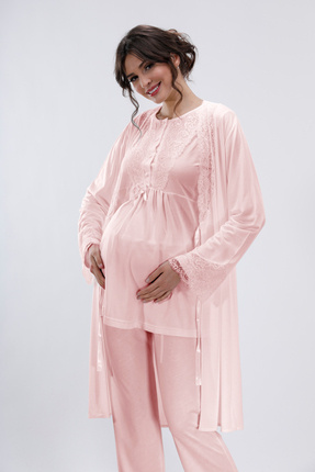 2036 Pudra Kısa Kollu Lohusa Pijama Takımı 3'lü Set Image 0