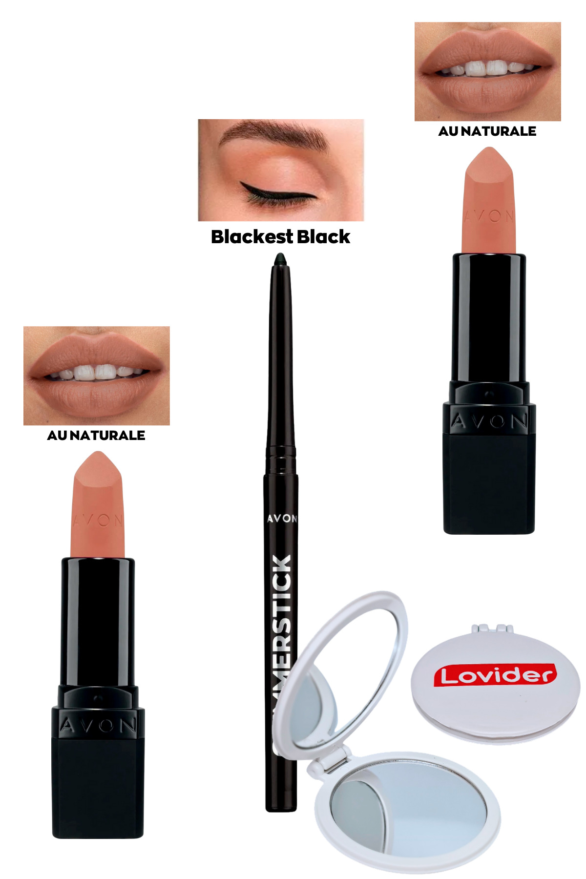 رژ لب مات Au Naturale x 2 عدد + مداد چشم مشکی + آینه جیبی Lovider