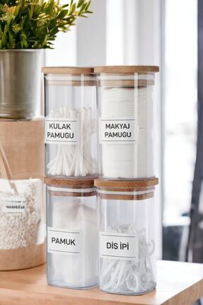 4'lü Ahşap Kapaklı Akrilik Kulak Pamuğu & Pamuk & Diş Ipi Organizeri 300 ml Banyo Seti Pamukluk Image 0
