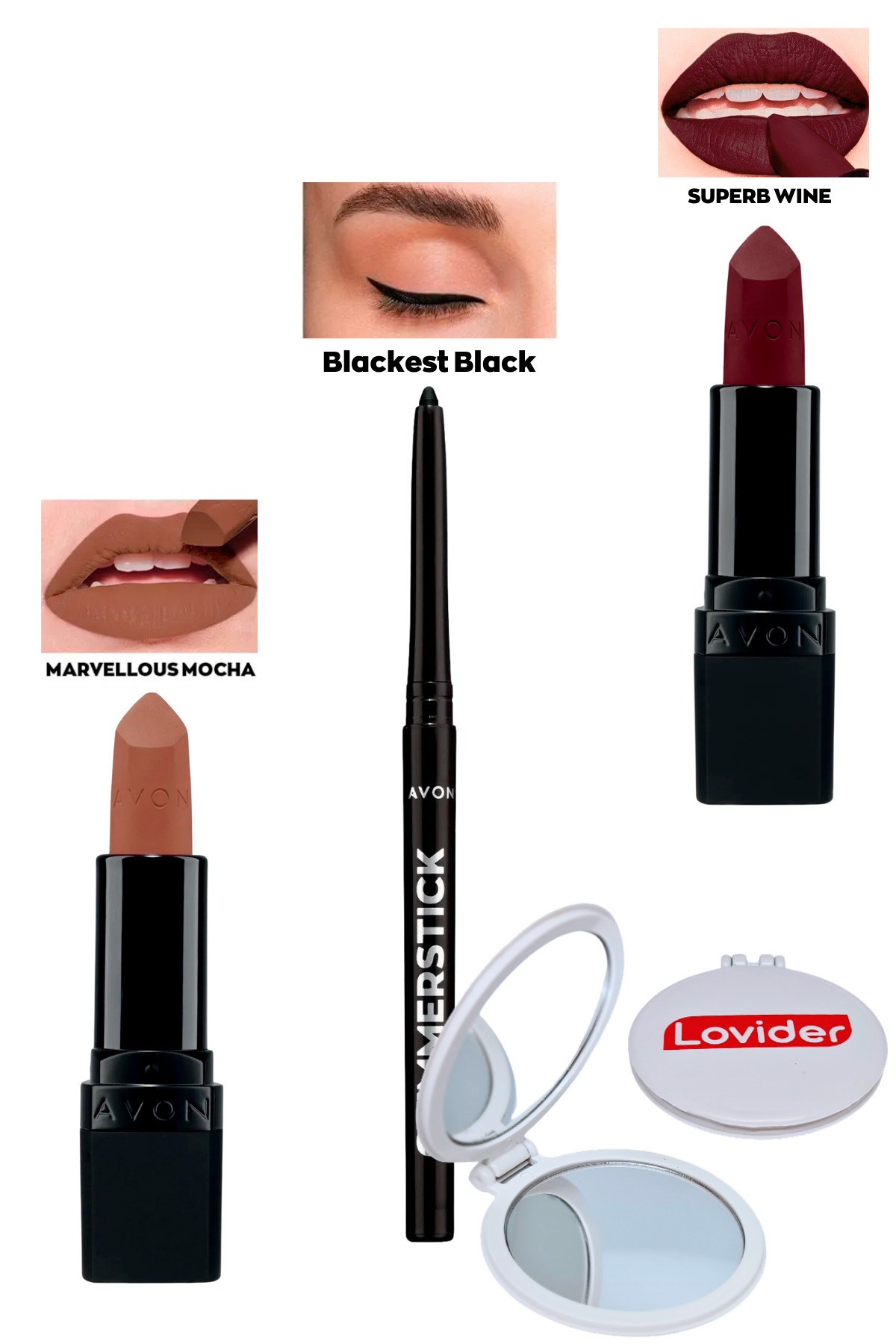رژ لب مات شگفت انگیز موکا + مداد چشم مشکی + رژ لب مات عالی شرابی + آینه جیبی Lovider