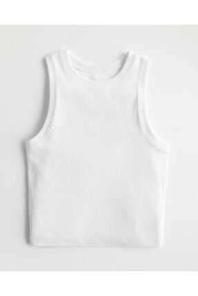 Kadın Beyaz Fitilli T-shirt, Crop Halter Yaka İç Göstermeyen Örme Kumaş Image 0