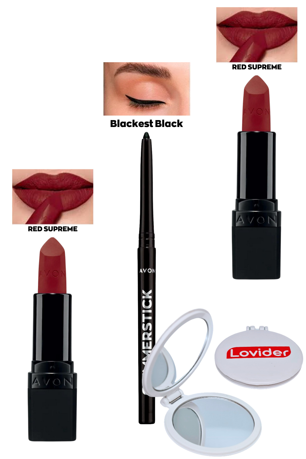 رژ لب قرمز سوپریم مات x 2 عدد + مداد چشم مشکی + آینه جیبی Lovider