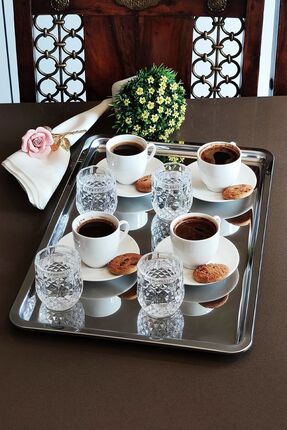 Lüx Çelik Dikdörtgen Servis Sunum Çay Kahve Tatlı Tepsisi 43x28 Image 0