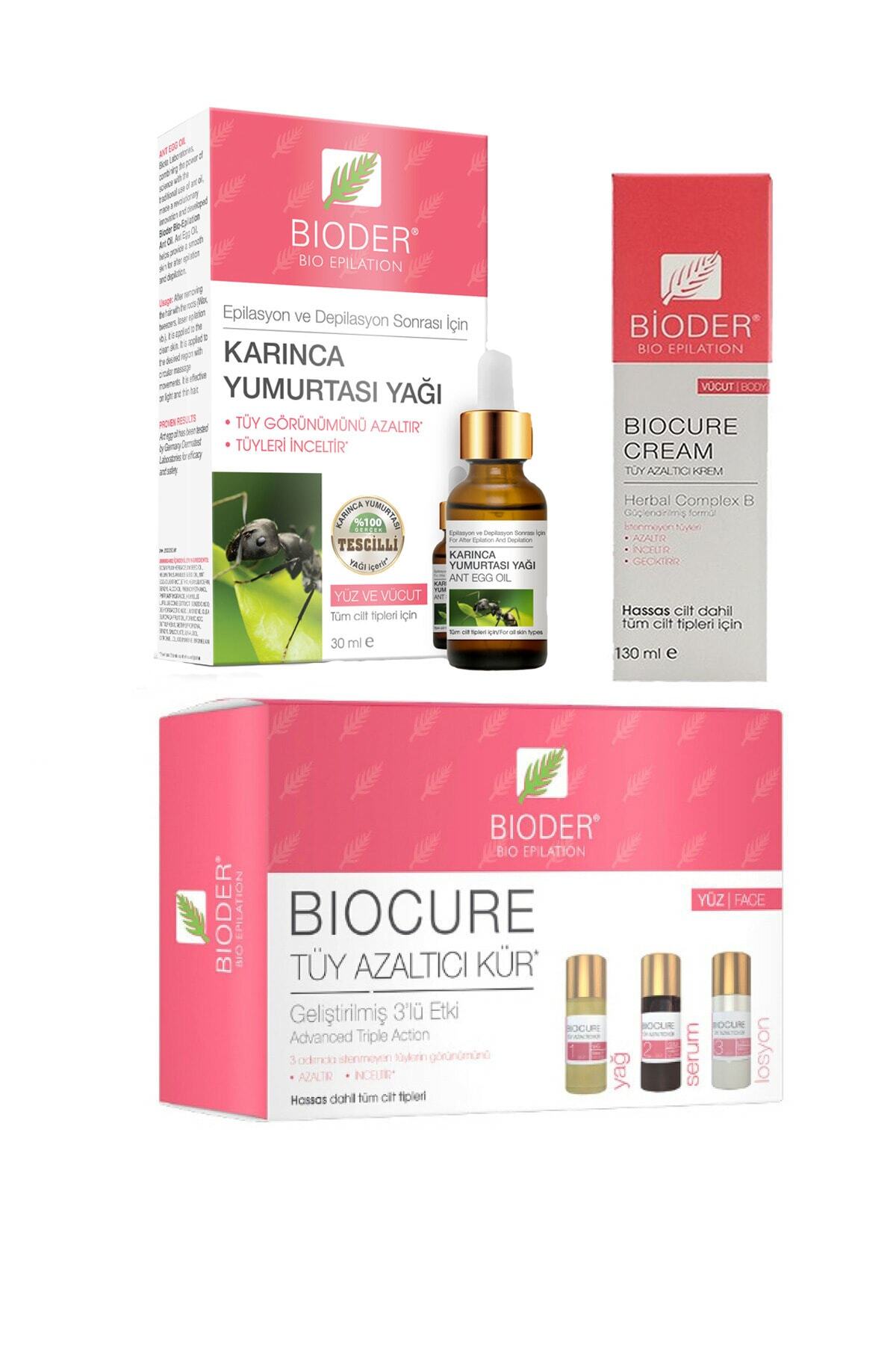 Bioder 3'lü Tüy Azaltıcı Set (karınca Yumurtası Yağı 30 Ml + Tüy Azaltıcı 3x10 Ml + 130 Ml Krem)
