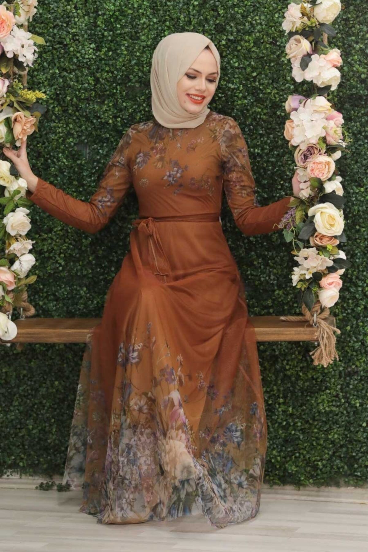 Neva Style Desenli Taba Tesettür Abiye 50171tb