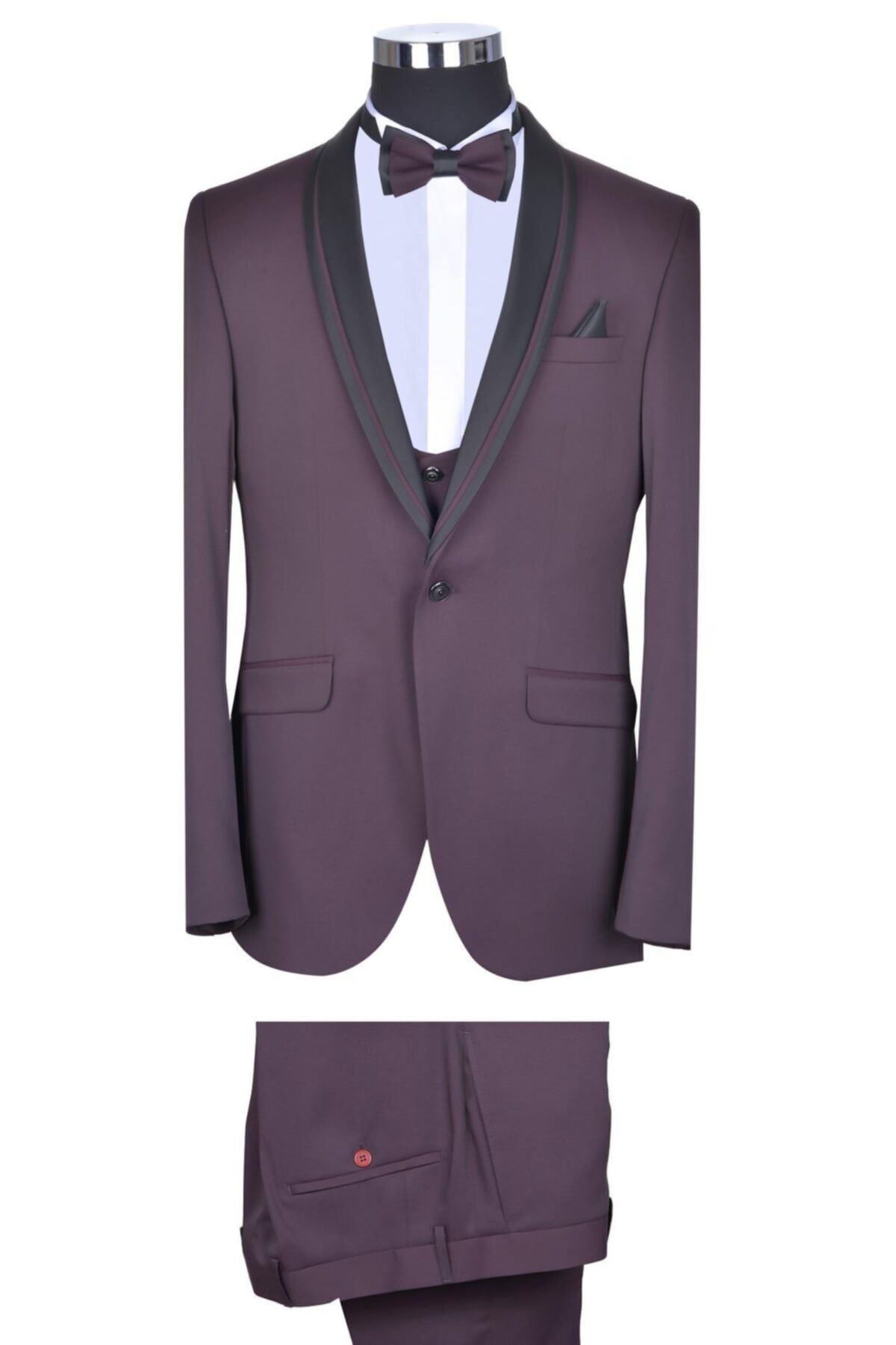 BAGGI Slim Fit Desenli Yelekli Smokin Bordo