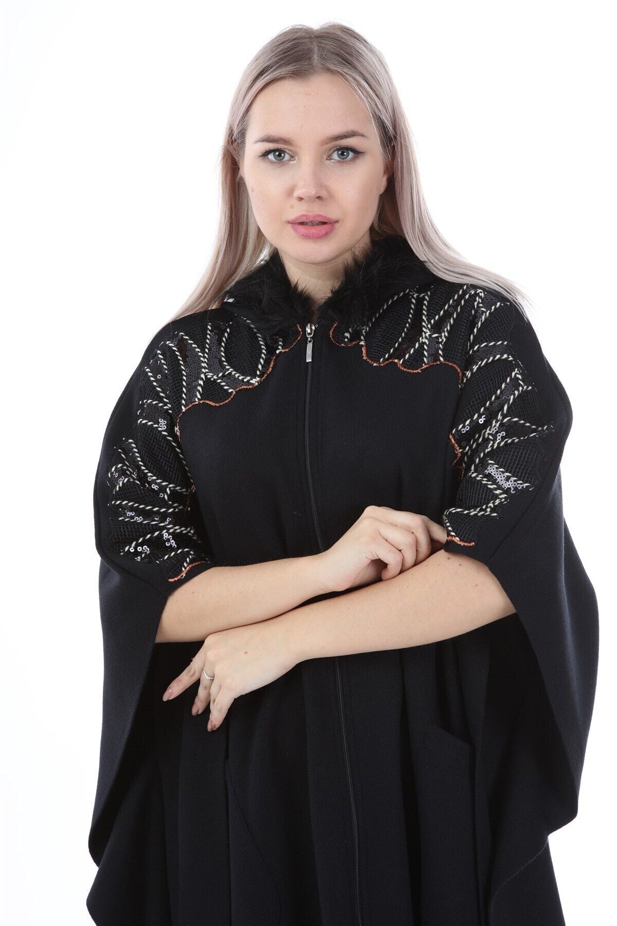 FTZ WOMEN Ftz Kürk Kapüşonlu Panço Siyah
