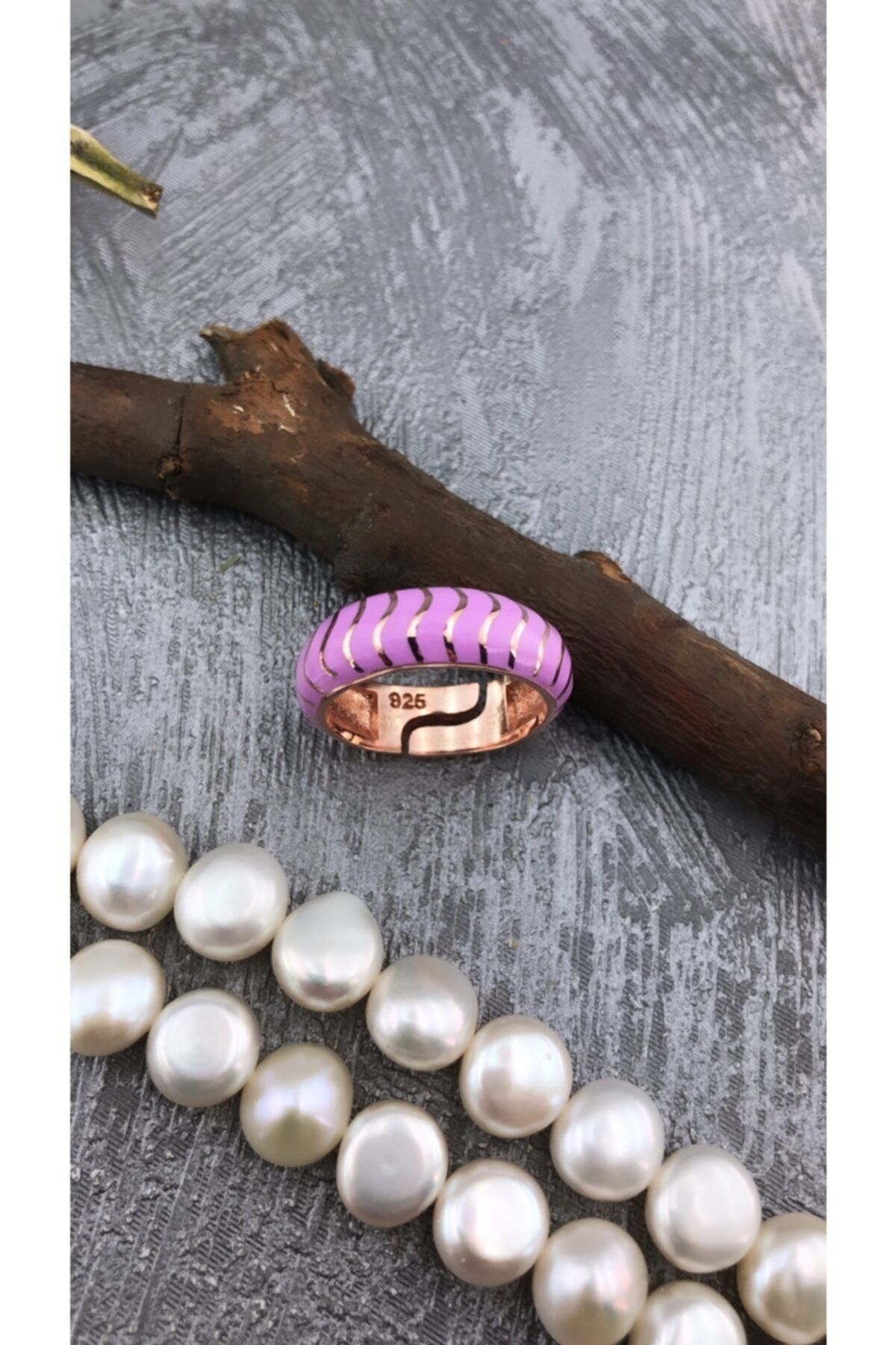 Joel Jewelry Mor Mineli Tasarım Pembe Altın Kaplamalı Ayarlanabilir Gümüş Yüzük