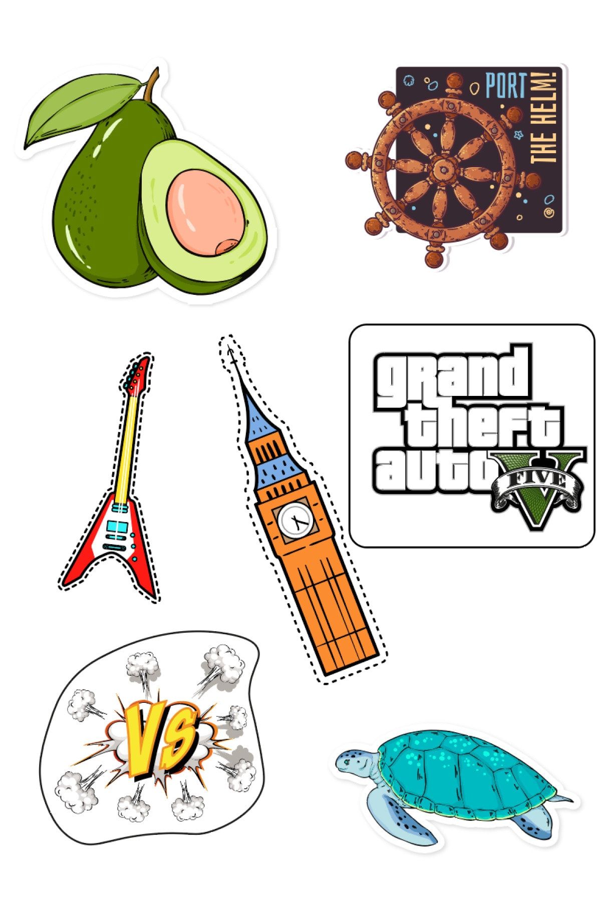 Ünsal Desing Avokado-Gta-Kaplumbağa-Retro-Tilki-Saat Kulesi-Coffee-Gitar Stickerları