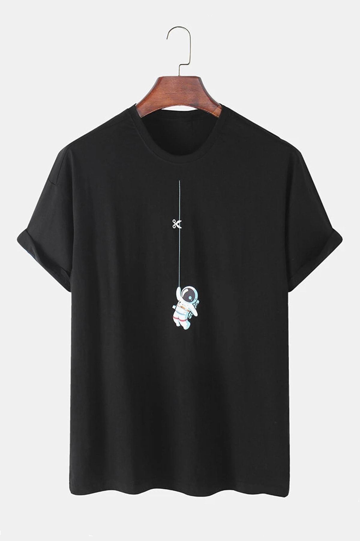 dAcollection Unisex Pamuklu Rahat Kalıp Astronot Baskılı Kısa Kollu T-shirt - Siyah