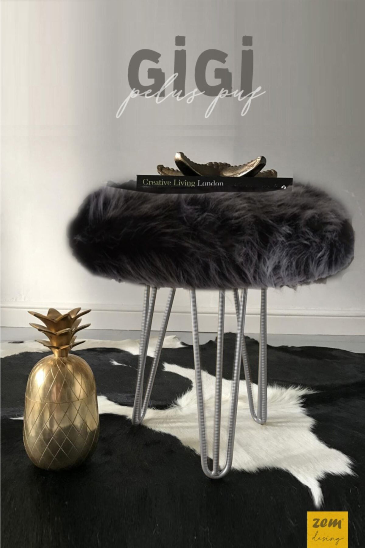 Zem Gigi Siyah Peluş Silver Ayaklı Puf