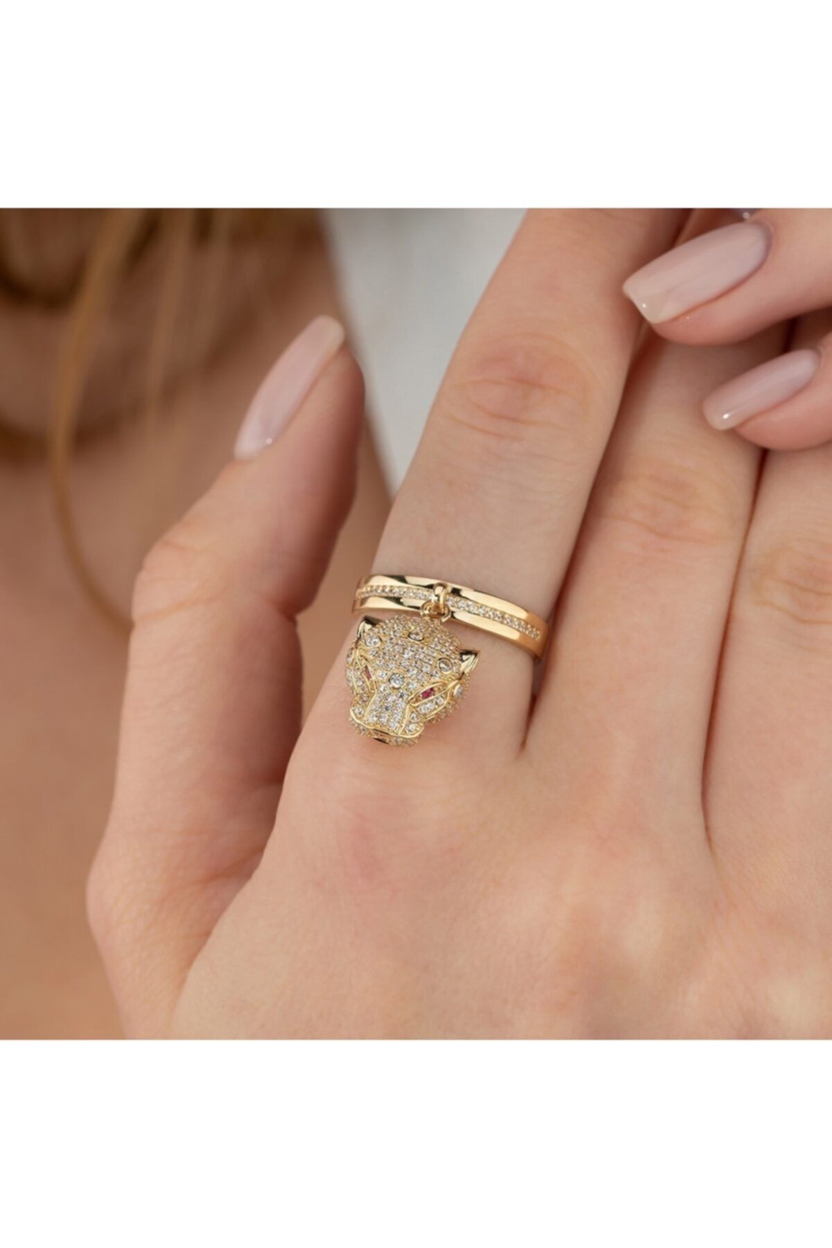 ELEF JEWELLERY Sıra Taşlı Sallantılı Panter Kafası Figürlü Mineli 14 Ayar Altın Yüzük Sarı 8