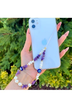 Ametist Doğal Taşlı İncili Nazar Boncuklu Telefon Charmı Image 0