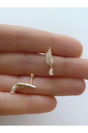 ZİRKON TAŞLI MELEK KANADI TRAGUS HELİX LOBE UYUMLU PİERCİNG KÜPE (1 ADET) Image 0