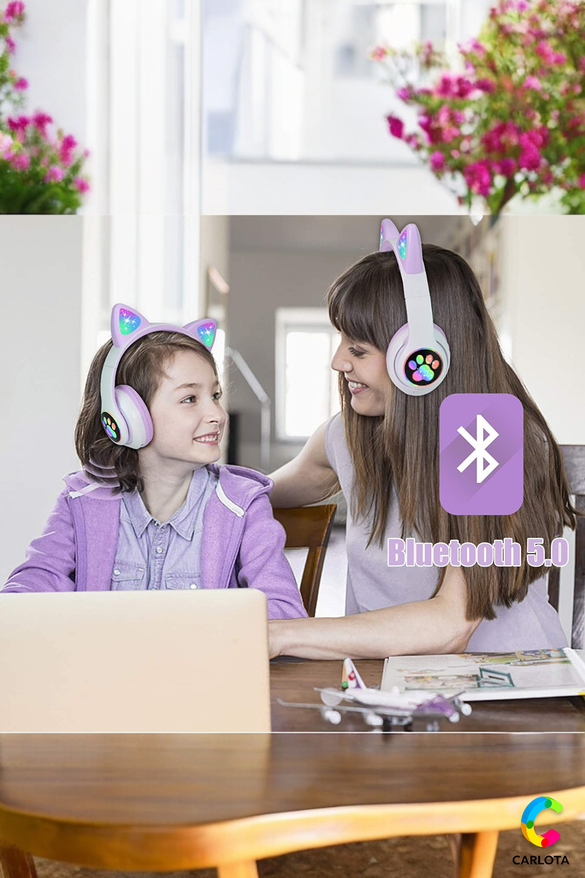 هدست بلوتوث گوش گربه ای لیلاک | چراغ LED | تاشو | بی سیم | ال ای دی پنجه رنگی