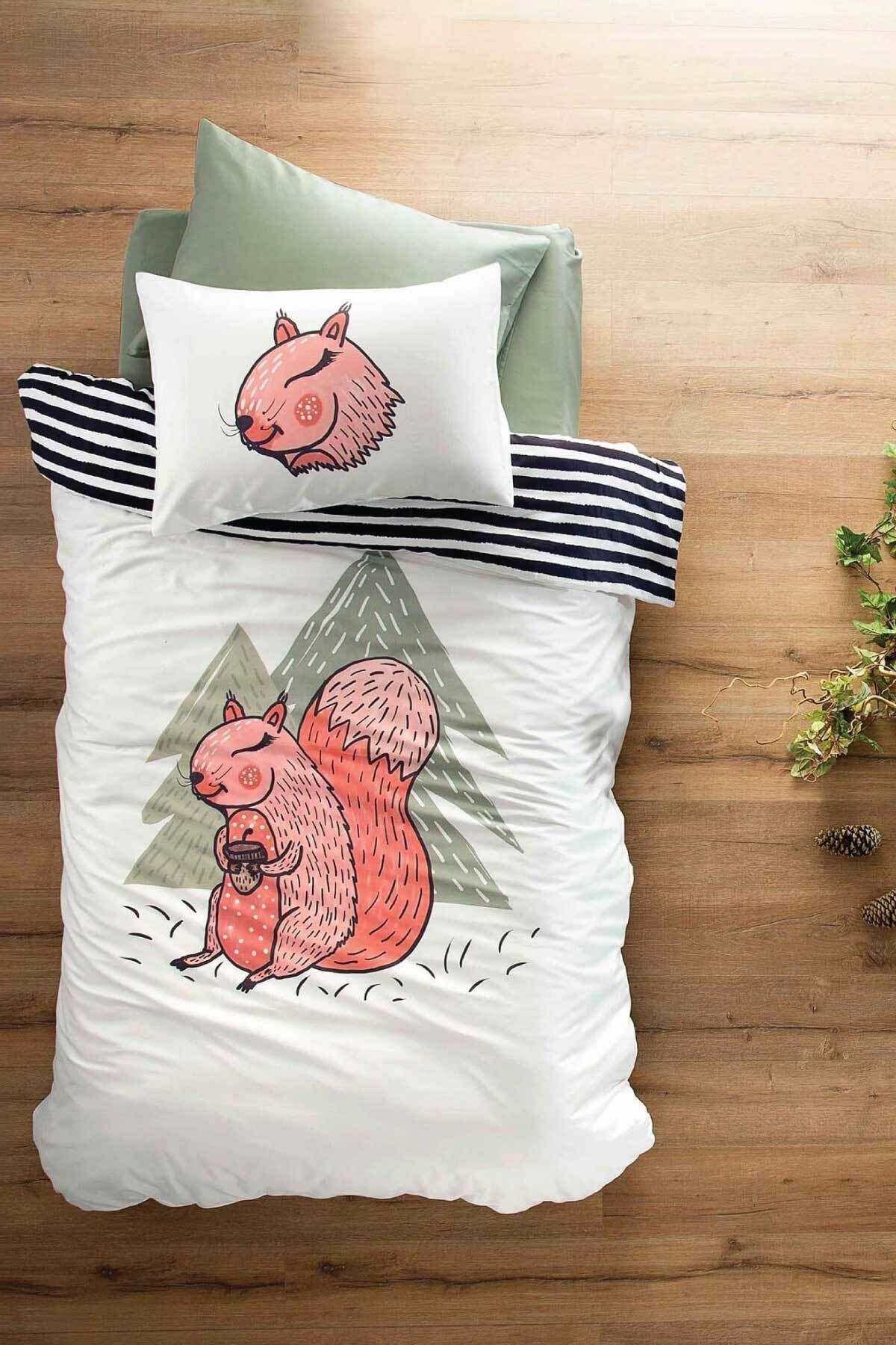 Hibboux Forest Tek Kişilik Pamuk Saten Nevresim Seti - Lovely Squierrel
