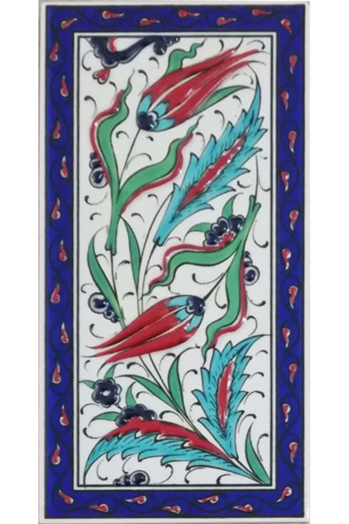 Armada Çini 10x20 cm  Ed 225 Kobalt Çerçeveli Yapraklı El Dekoru Karo