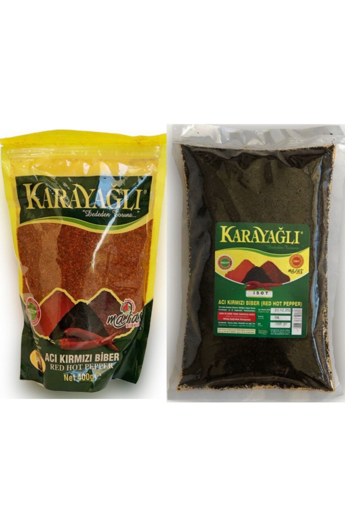 Karayağlı 2 Li Maraş Doğal Acı Kırmızı Yaprak Pul Birinci Kalite Ipek (400gr), Acı Isot Yaprak Biber (500gr)
